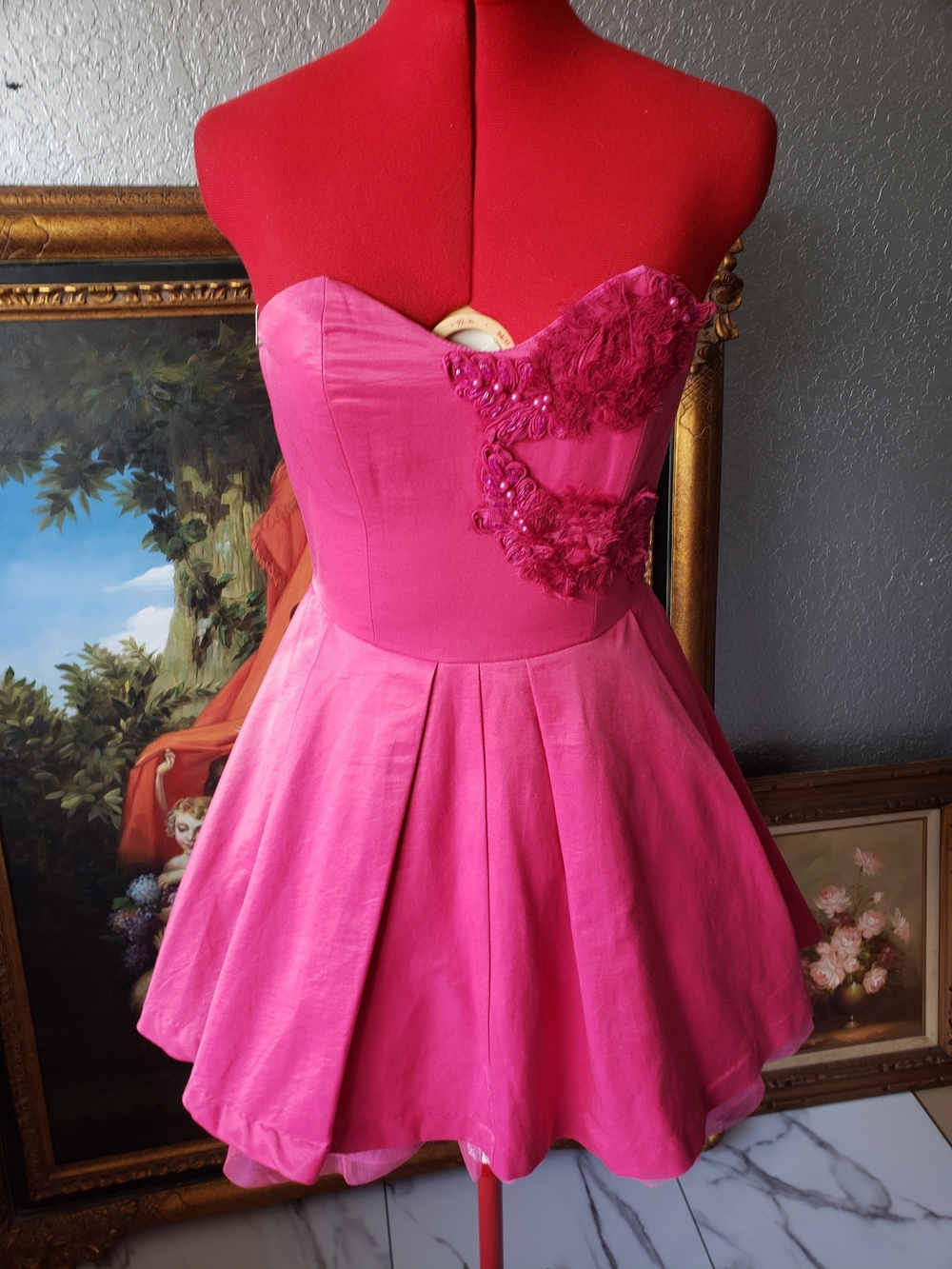 Better Be Bright Pink Strapless Party Dress with Embellished Appliqué